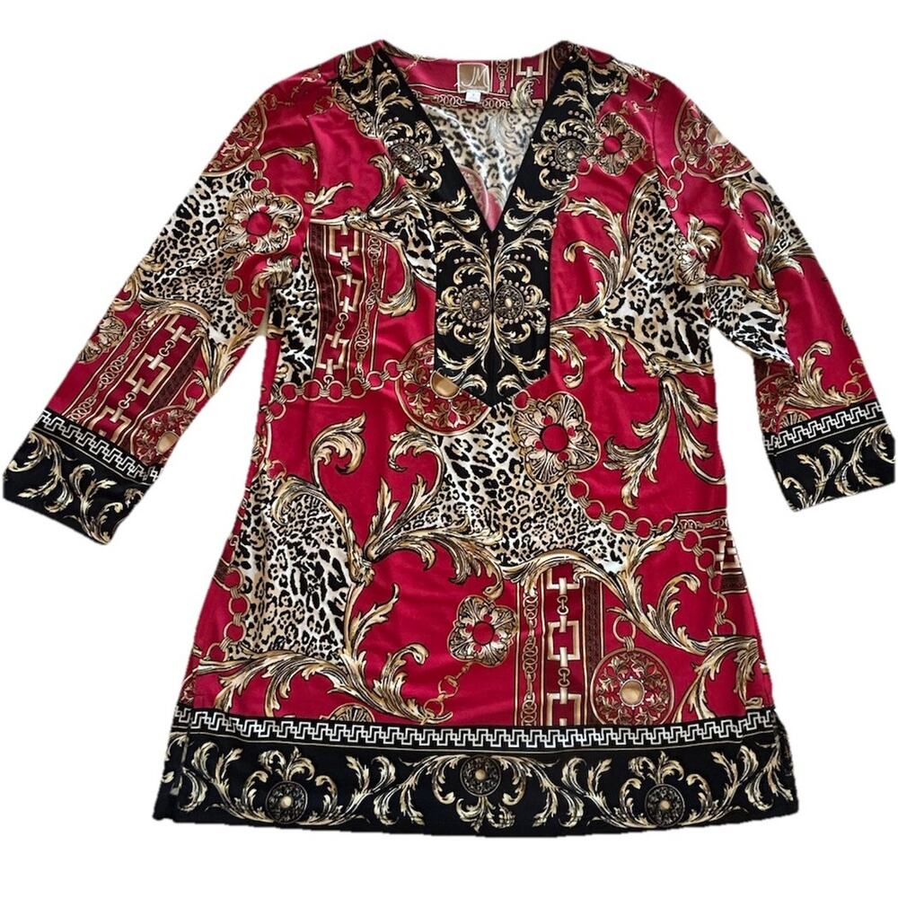 JM Collection Black Baroque Leopard Embellished Tunic‎ Top Women’s Sz Small